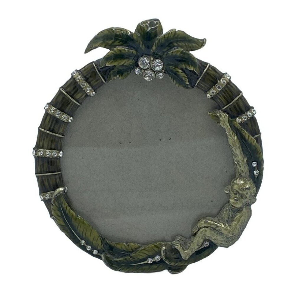 VTG Ashleigh Manor Monkey in Coconut Trees Rhinestone Metal Enamel Picture Frame
